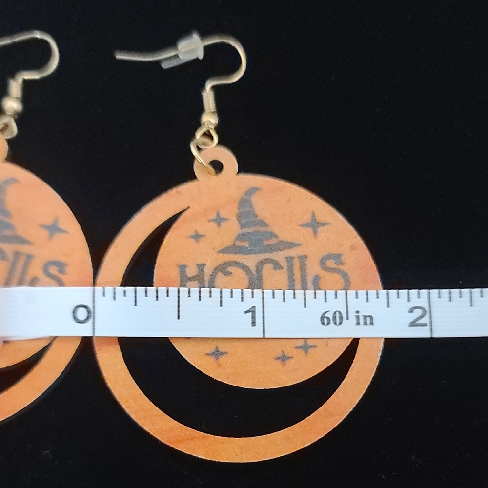 Hocus Pocus Enchanting Laser Cut Wooden Orange Moon Dangle Earrings NWT - Picture 3 of 5